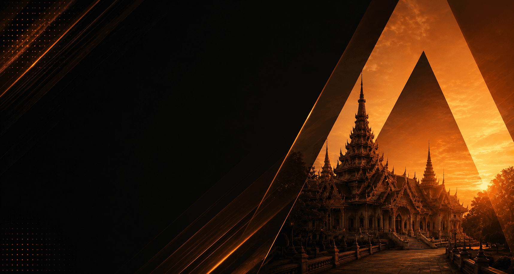 Golden hour view of a Thai temple skyline with a modern city behind it